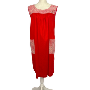 Adorable Vintage House Dress Red Orange Sleeveless Pockets M - L Loose Fit Midi
